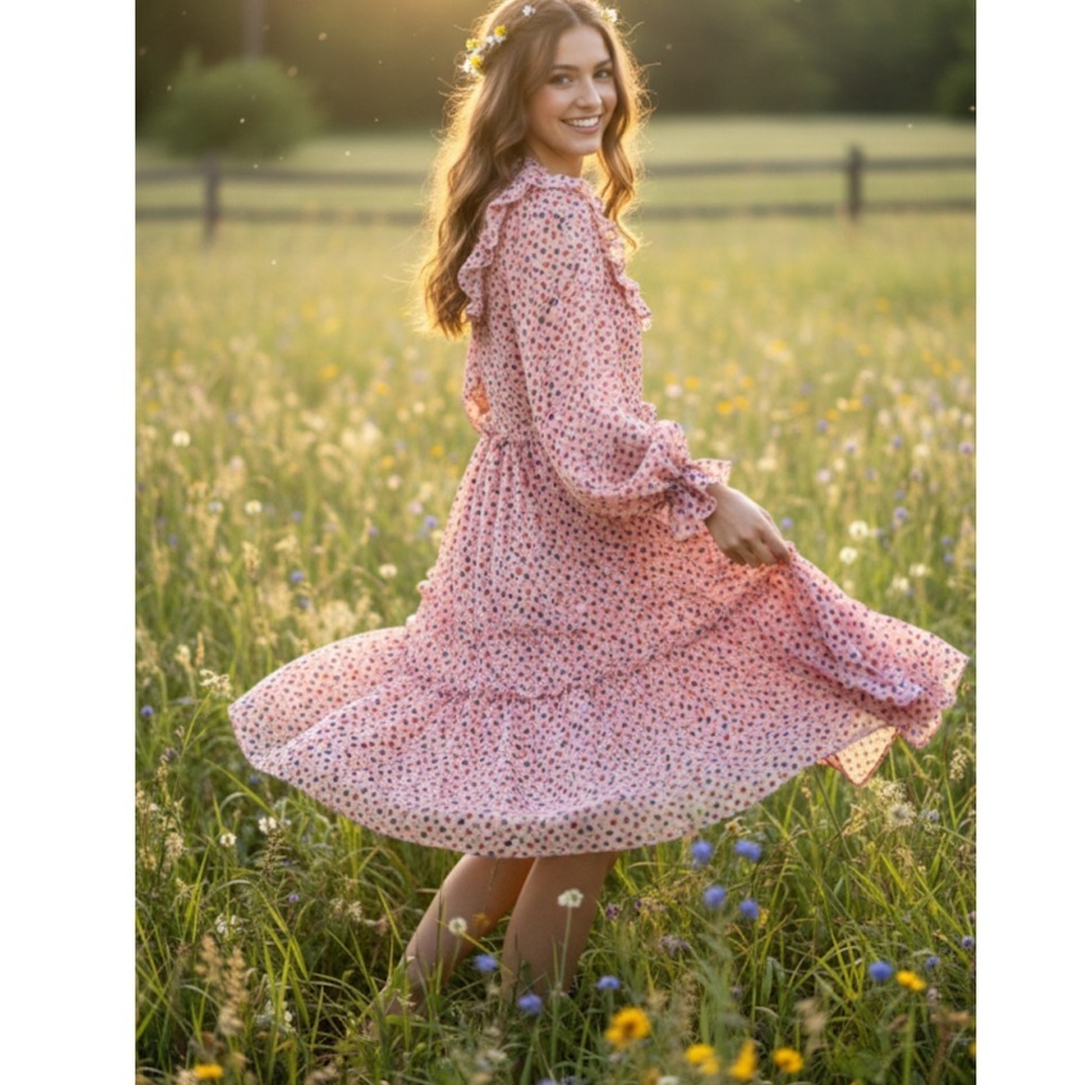 Romantic Ruffle Dress Prairiecore Floral Dainty High Neck Flowy Cottagecore M/L